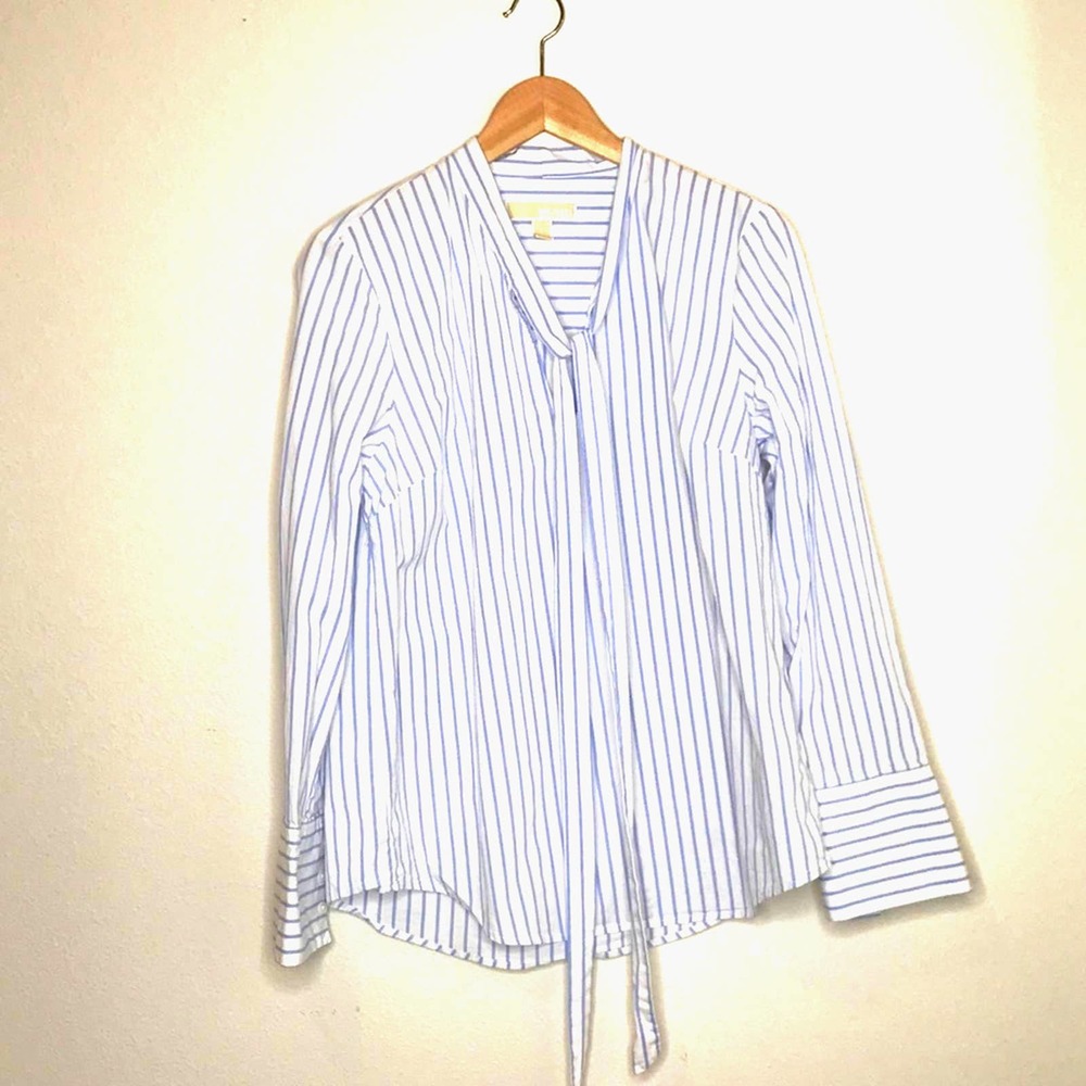 MICHAEL KORS Tie Collar Striped Blouse, size Large